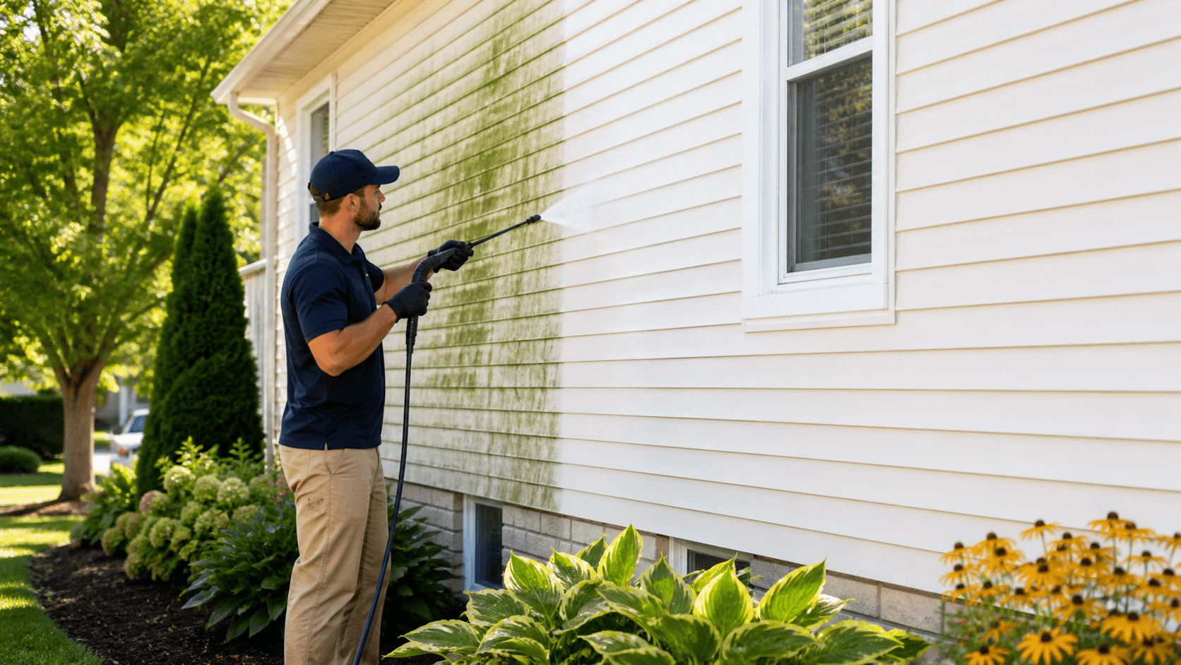 Sunlit beige house siding streaked with green mildew and dark grime beside leafy summer shrubs