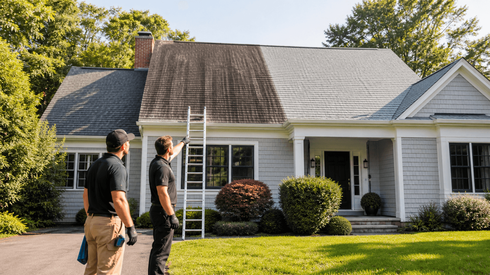 Dark streaks run down gray roof shingles beneath a bright blue sky.