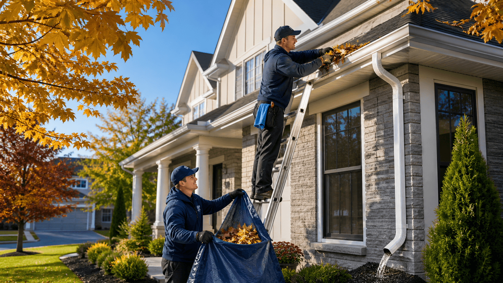 Worker cleaning leaves from a rain gutter beside a brick house under an overcast sky.